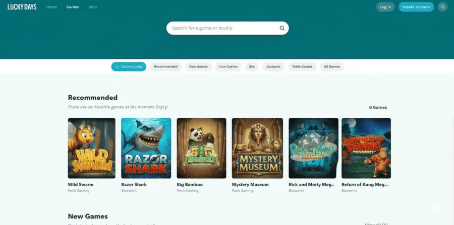 Lucky Days Casino game lobby with recommended slots and table games